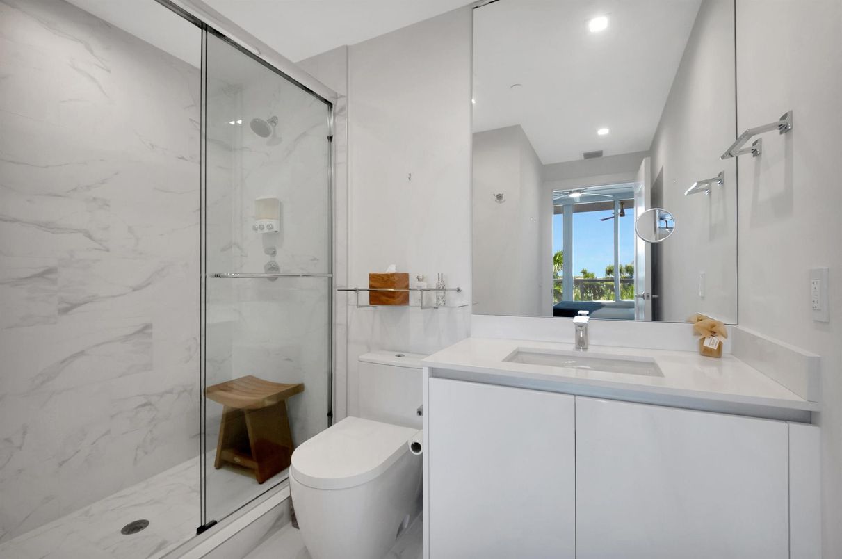 Bathroom, Glass Shower, Interior, Marble Walls, Recessed Lighting