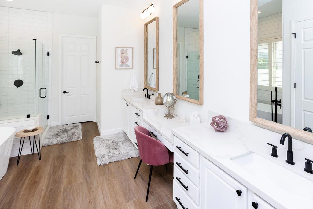 Bathroom, Dual Sink Vanities, Glass Shower, Interior, Recessed Lighting, Wood Texture Flooring