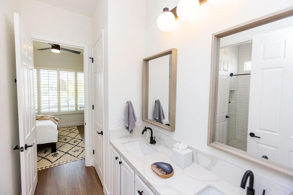 Bathroom, Dual Sink Vanities, Glass Shower, Interior, Wood Texture Flooring