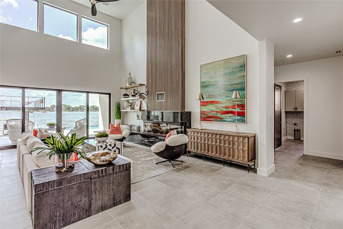 Fireplace, Interior, Living room, Recessed Lighting, Water