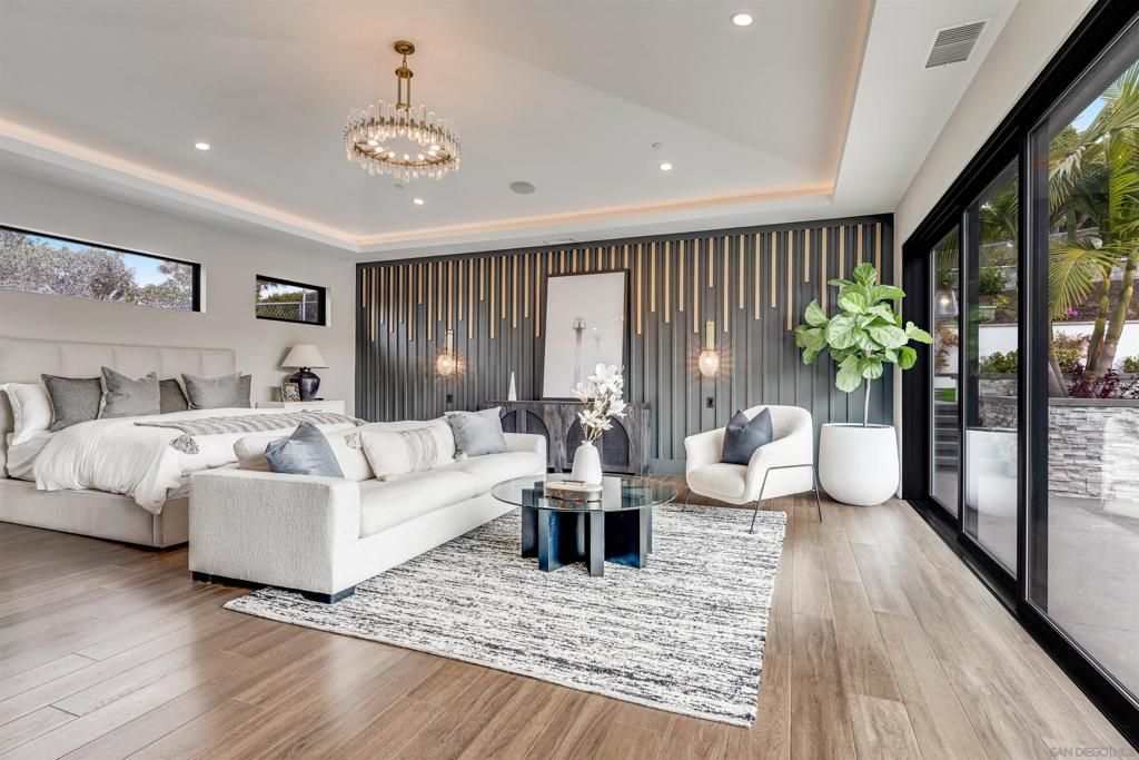 Bedroom, Chandelier, Interior, Living room, Pendant Lights, Recessed Lighting, Wood Texture Flooring