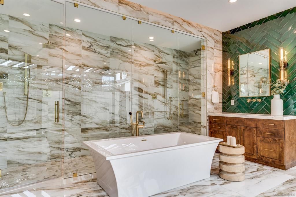 Bathroom, Free Standing Baths, Glass Shower, Interior, Marble, Marble Walls, Recessed Lighting