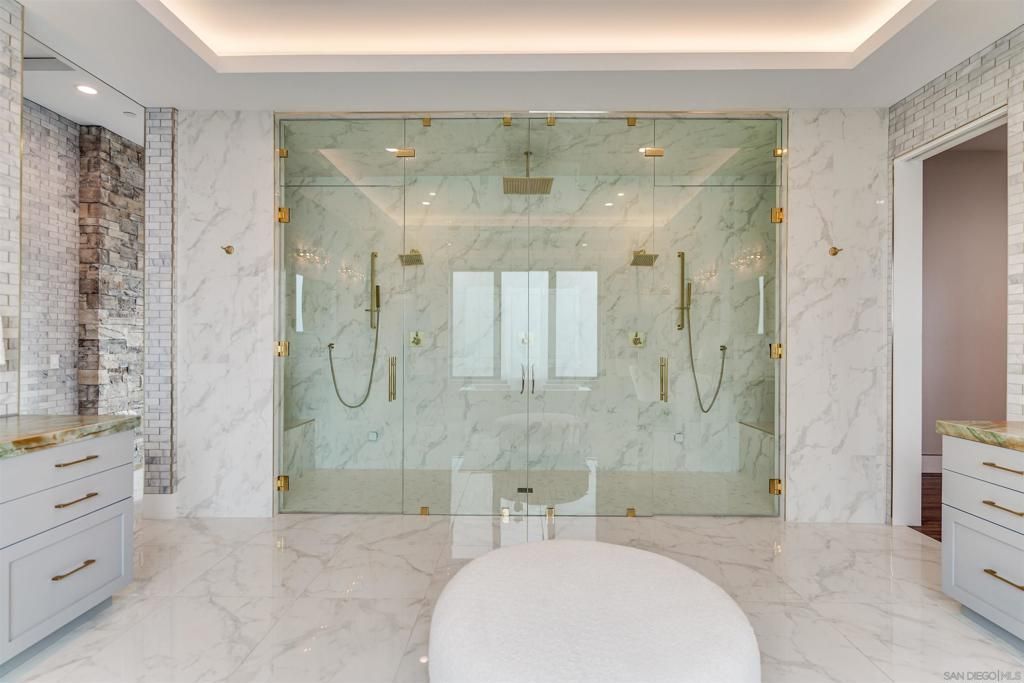 Bathroom, Glass Shower, Interior, Marble, Marble Walls, Recessed Lighting
