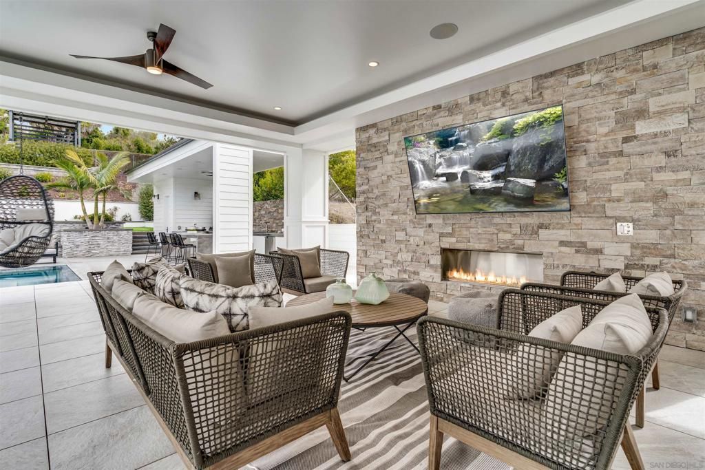 Fireplace, Interior, Living room, Recessed Lighting, Stone Walls