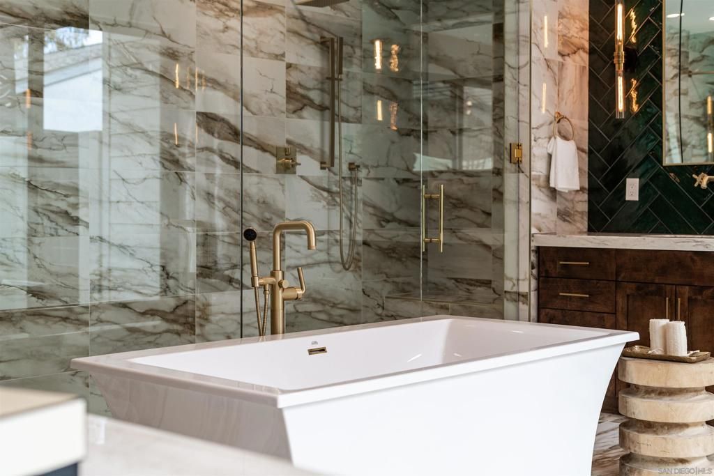 Bathroom, Free Standing Baths, Glass Shower, Interior, Marble Walls