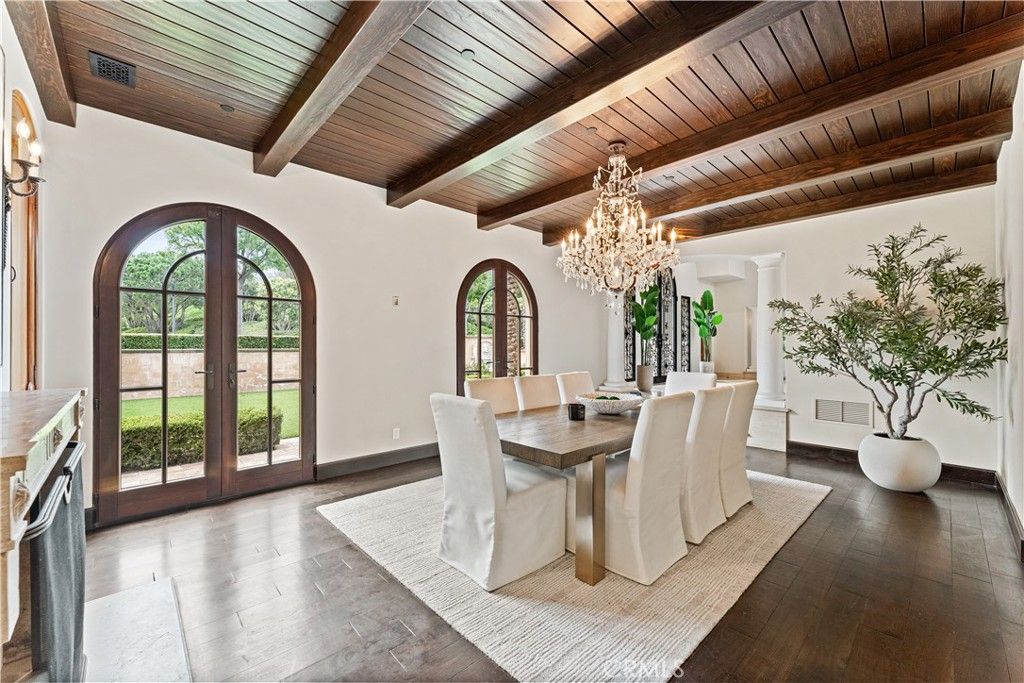 Chandelier, Dining room, Interior, Wooden Beams, Wooden Ceilings, Wood Texture Flooring