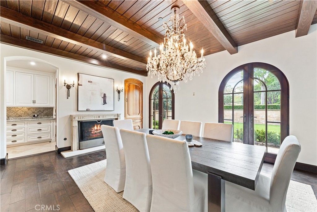 Chandelier, Dining room, Fireplace, Interior, Wooden Beams, Wooden Ceilings, Wood Texture Flooring