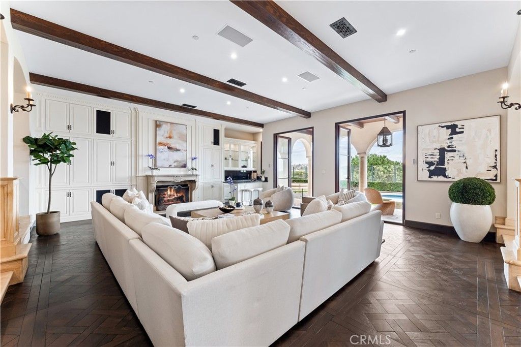 Fireplace, Interior, Living room, Recessed Lighting, Wooden Beams, Wood Texture Flooring