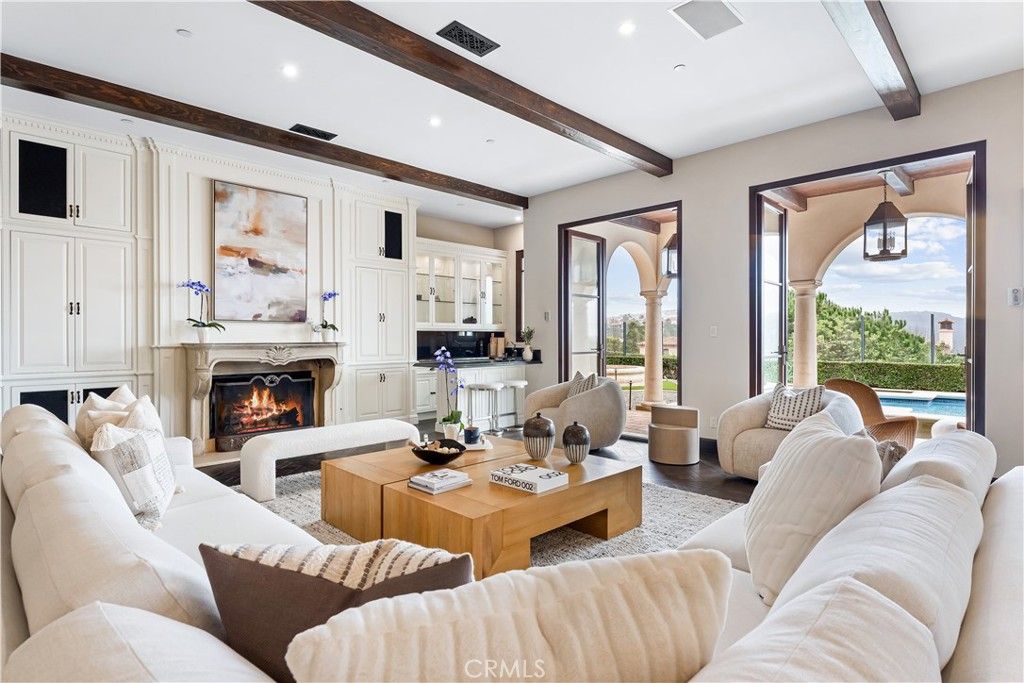 Fireplace, Interior, Living room, Recessed Lighting, Wooden Beams