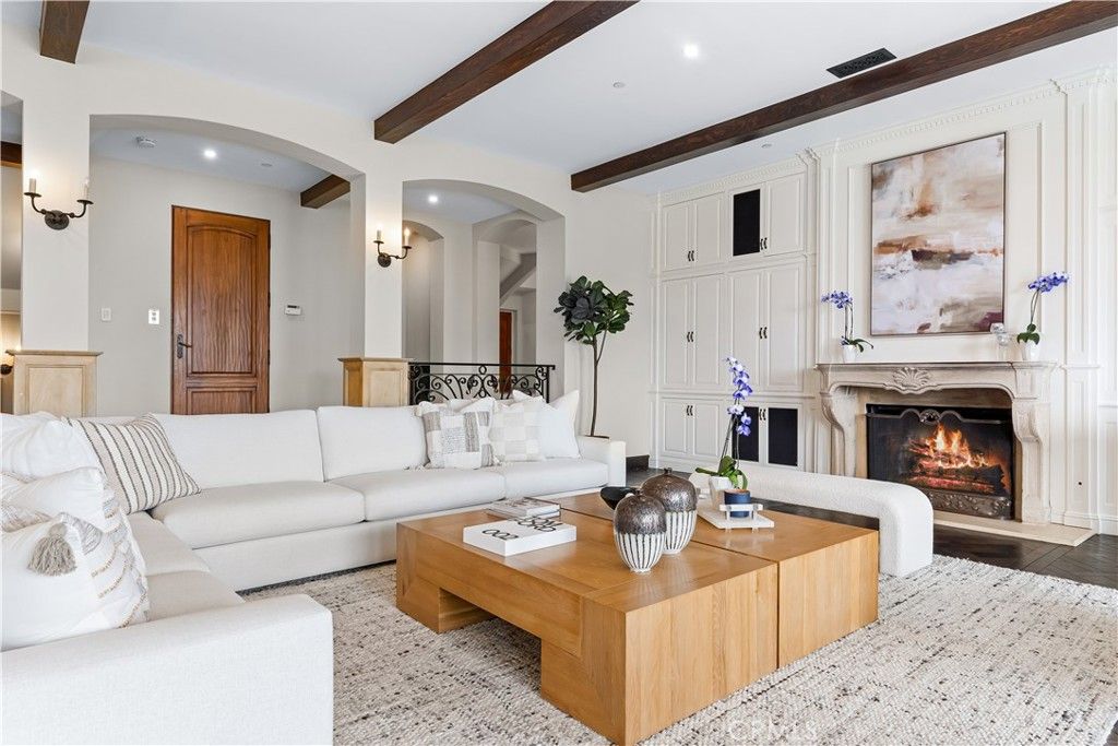 Fireplace, Interior, Living room, Recessed Lighting, Wooden Beams, Wood Texture Flooring