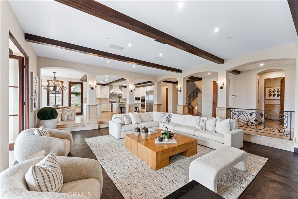 Chandelier, Dining room, Interior, Living room, Recessed Lighting, Wooden Beams, Wood Texture Flooring