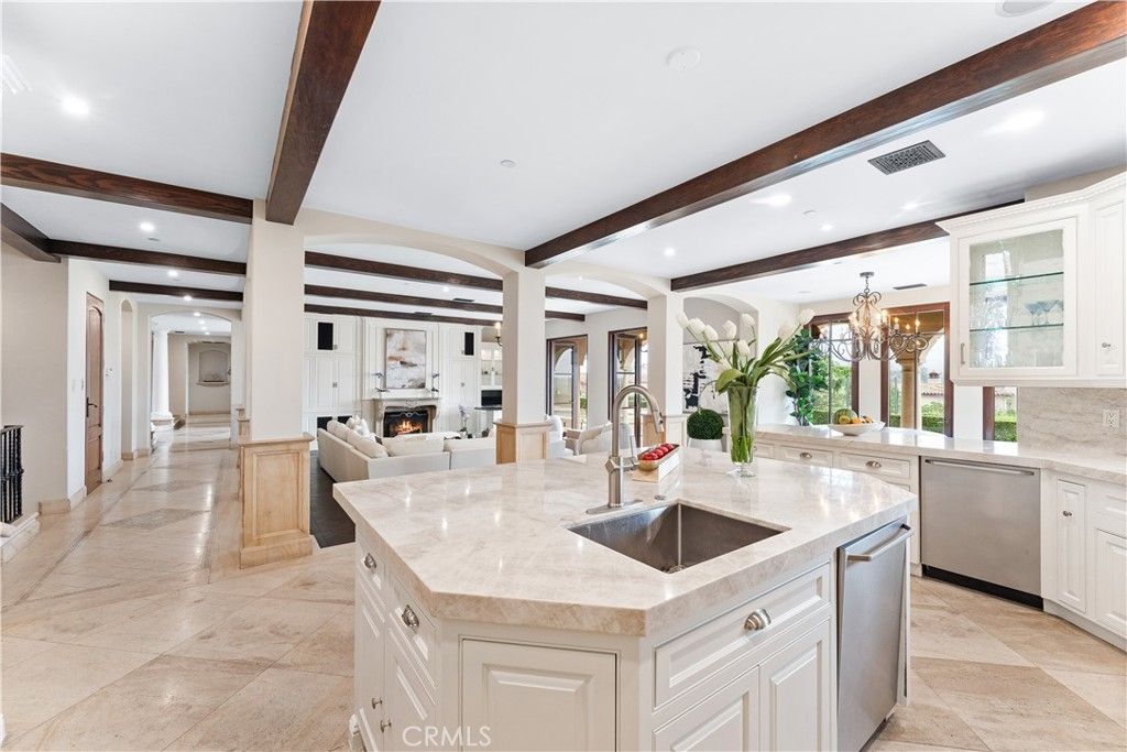 Chandelier, Fireplace, Interior, Kitchen, Living room, Recessed Lighting, Stainless Steel Appliances, Wooden Beams