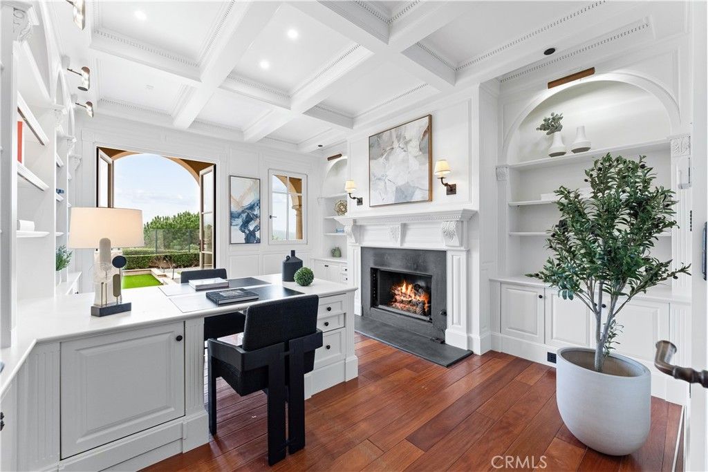 Fireplace, Home Office, Interior, Recessed Lighting, Wood Texture Flooring