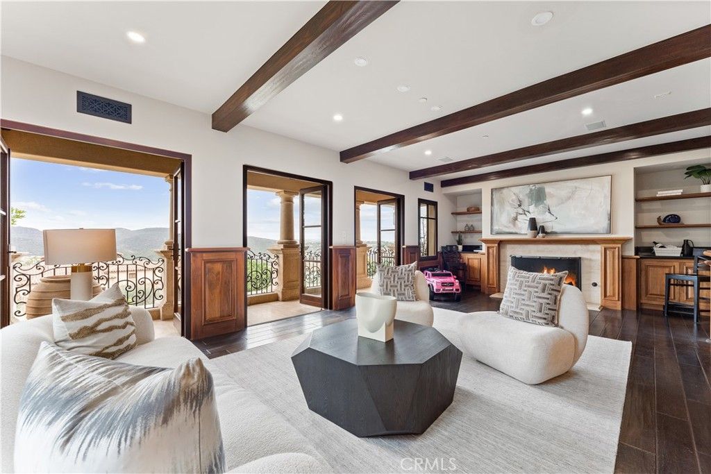 Fireplace, Interior, Living room, Recessed Lighting, Wooden Beams, Wood Texture Flooring