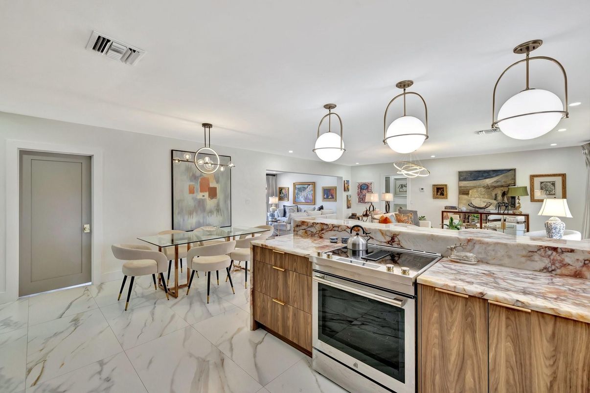 Dining room, Interior, Kitchen, Living room, Marble, Pendant Lights, Recessed Lighting, Stainless Steel Appliances