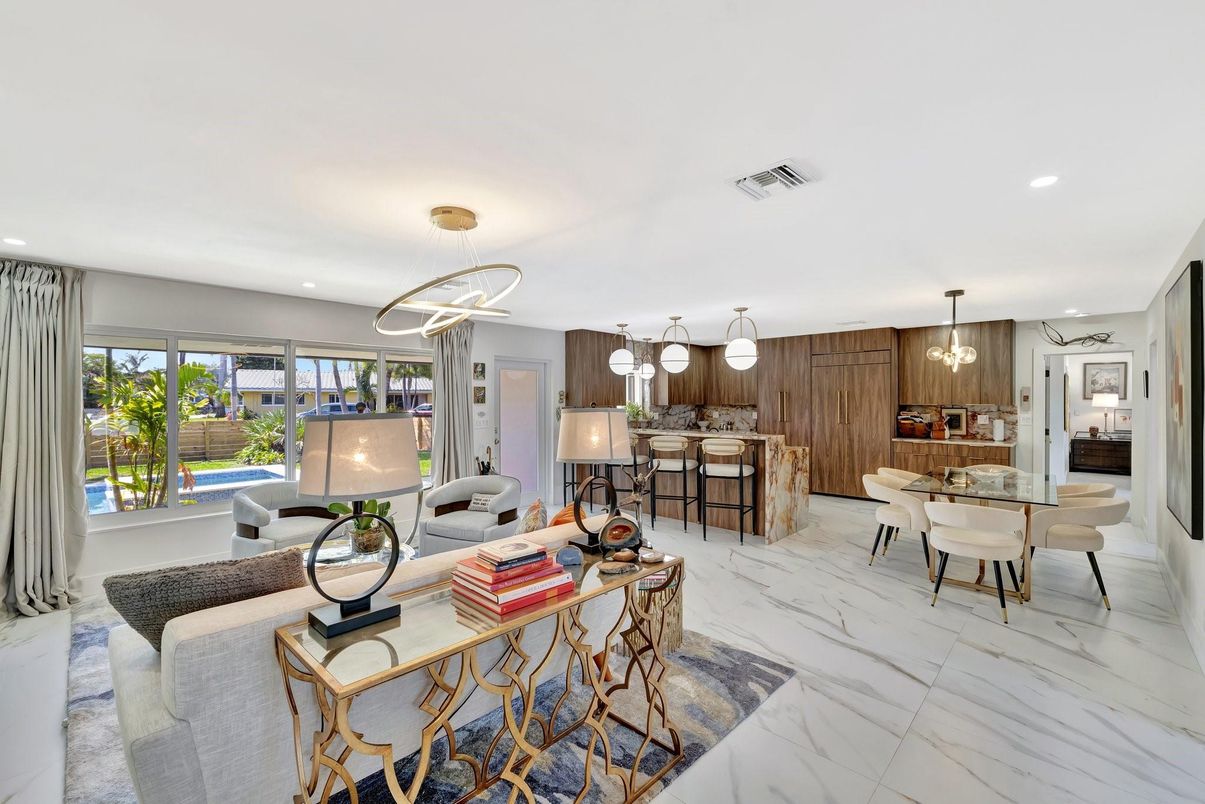 Dining room, Interior, Kitchen, Living room, Marble, Pendant Lights, Recessed Lighting, Wooden Walls