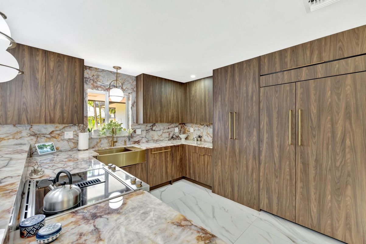 Interior, Kitchen, Marble, Pendant Lights, Recessed Lighting, Stone Walls