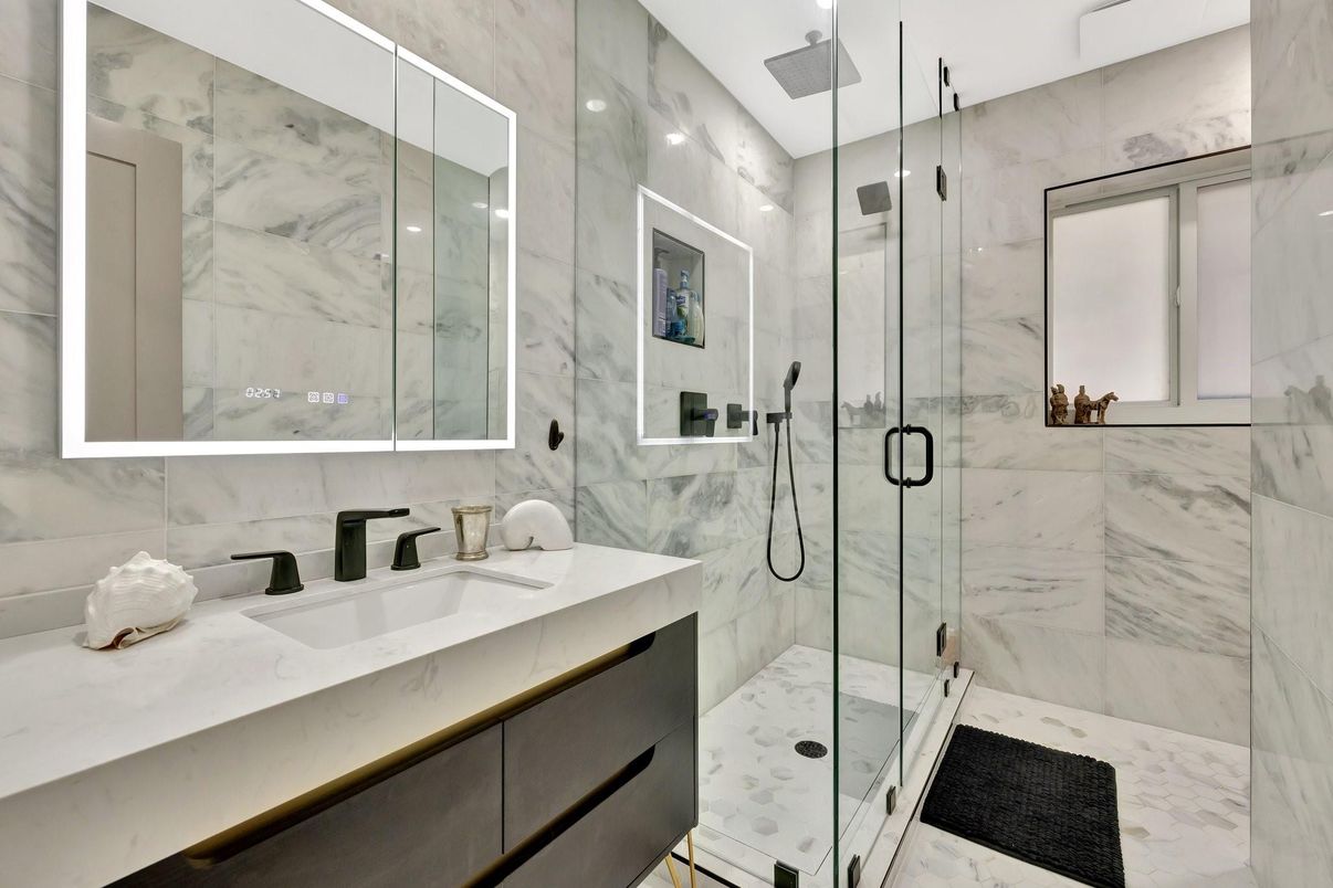 Bathroom, Glass Shower, Interior, Marble Walls