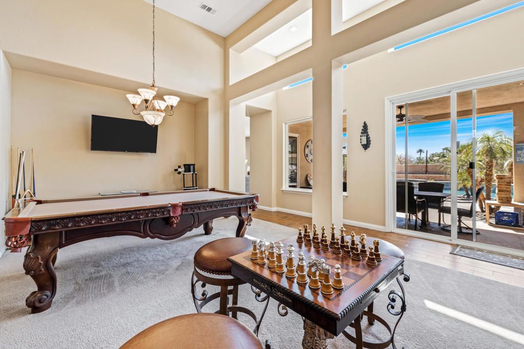 Billiard Table, Chandelier, Game Room, Interior, Wood Texture Flooring