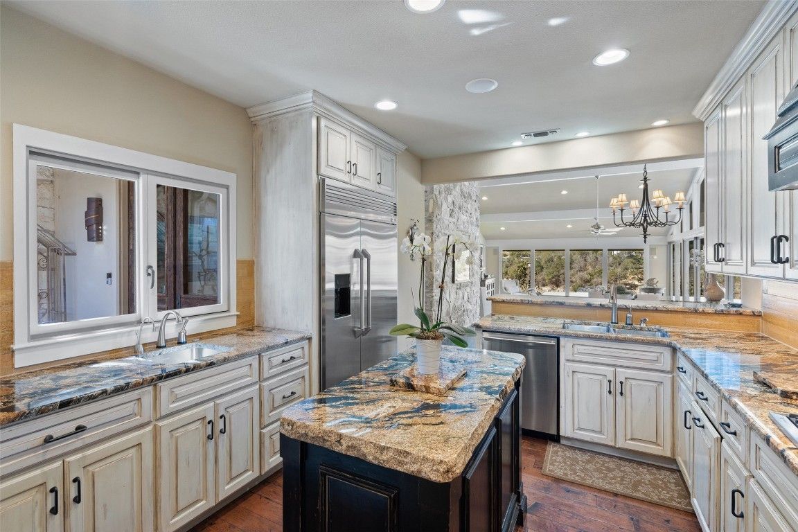 Chandelier, Interior, Kitchen, Recessed Lighting, Stainless Steel Appliances, Wood Texture Flooring