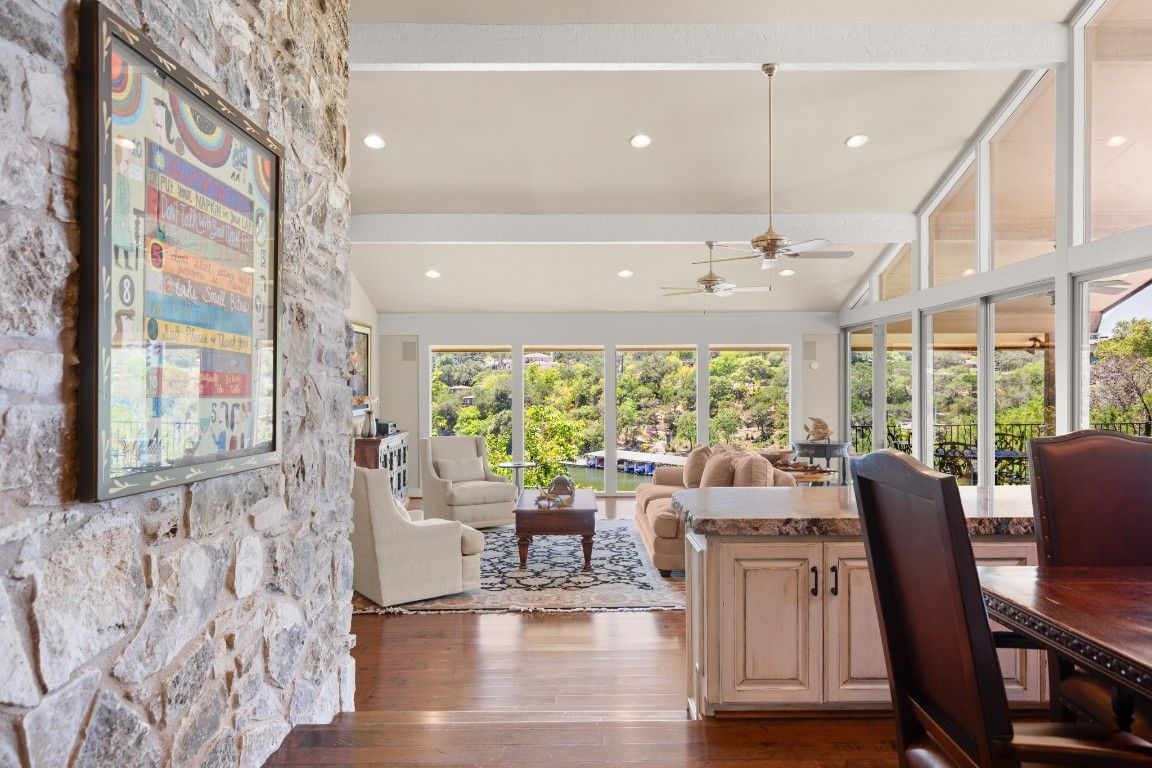 Interior, Living room, Recessed Lighting, Stone Walls, Wood Texture Flooring