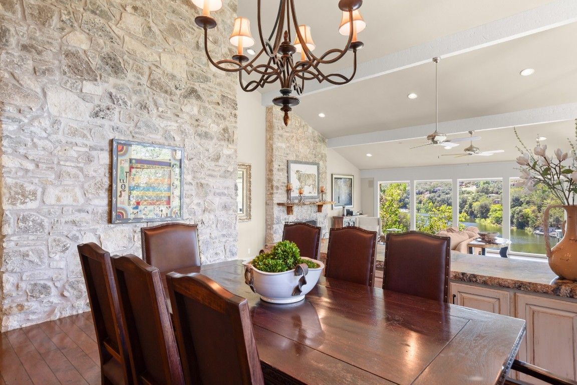 Chandelier, Dining room, Interior, Recessed Lighting, Stone Walls