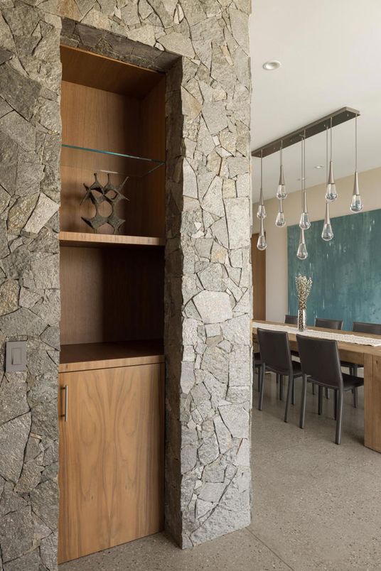 Dining room, Interior, Pendant Lights, Recessed Lighting, Stone Walls
