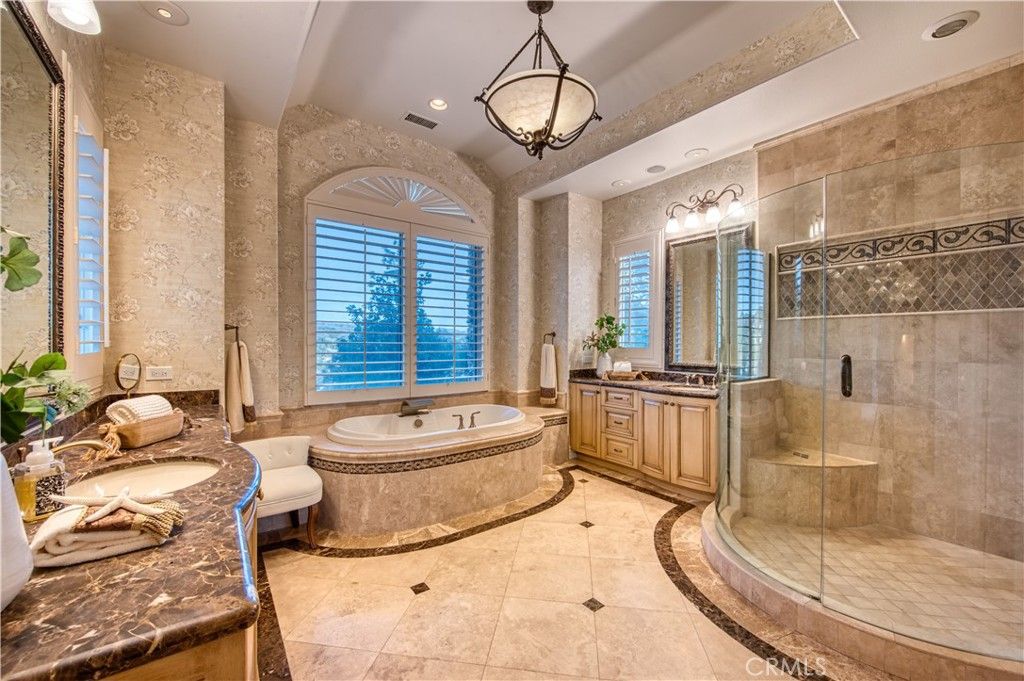 Bathroom, Dual Sink Vanities, Glass Shower, Interior, Pendant Lights, Recessed Lighting
