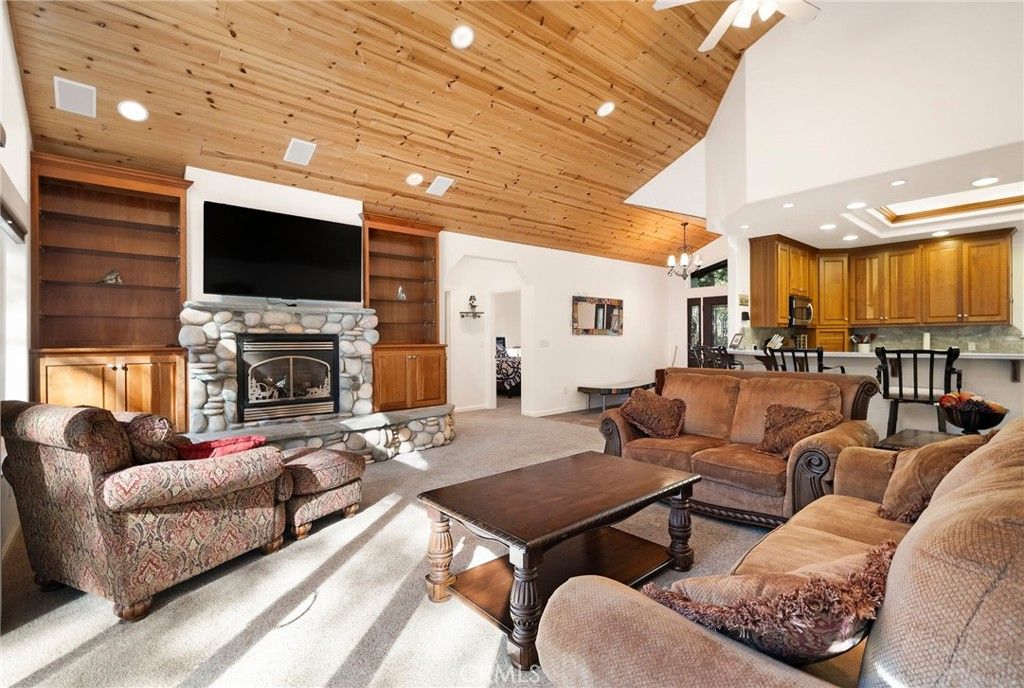 Dining room, Fireplace, Interior, Kitchen, Living room, Pendant Lights, Recessed Lighting, Wooden Ceilings
