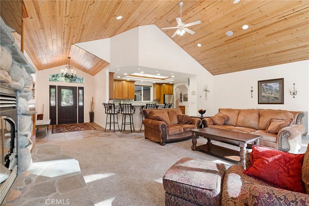 Chandelier, Fireplace, Interior, Kitchen, Living room, Recessed Lighting, Wooden Ceilings