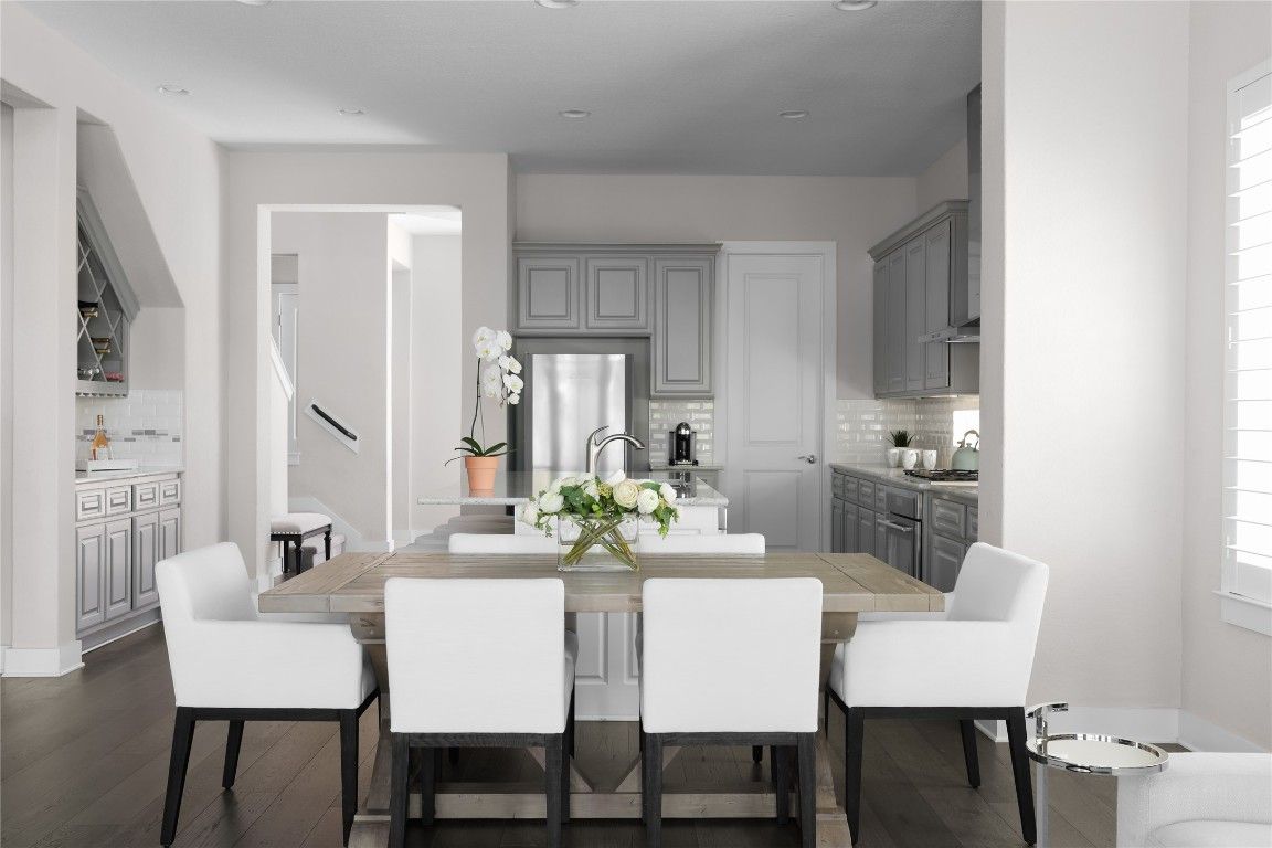 Dining room, Interior, Kitchen, Recessed Lighting, Stainless Steel Appliances, Wood Texture Flooring