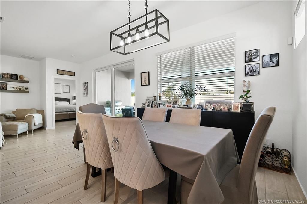 Dining room, Interior, Pendant Lights, Wood Texture Flooring