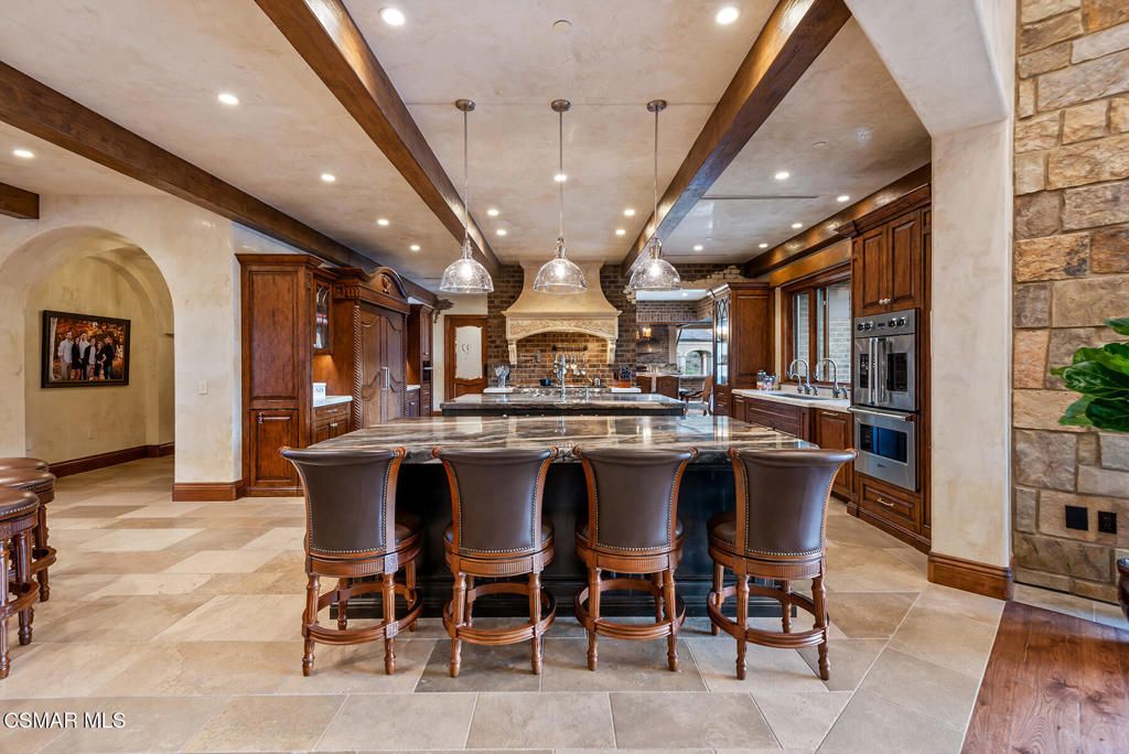 Interior, Kitchen, Pendant Lights, Recessed Lighting, Stone Walls, Wooden Beams
