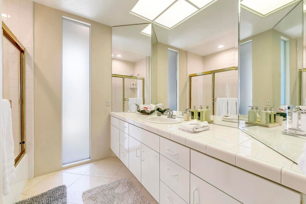Bathroom, Dual Sink Vanities, Glass Shower, Interior, Recessed Lighting, Tile Countertops