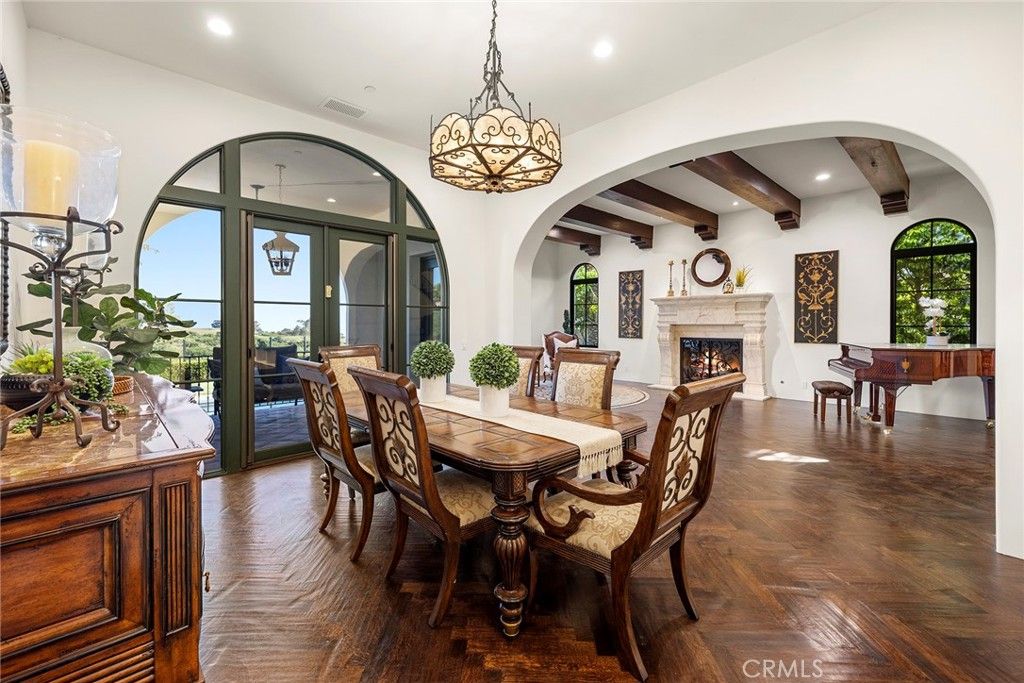 Dining room, Fireplace, Interior, Pendant Lights, Recessed Lighting, Wooden Beams, Wood Texture Flooring