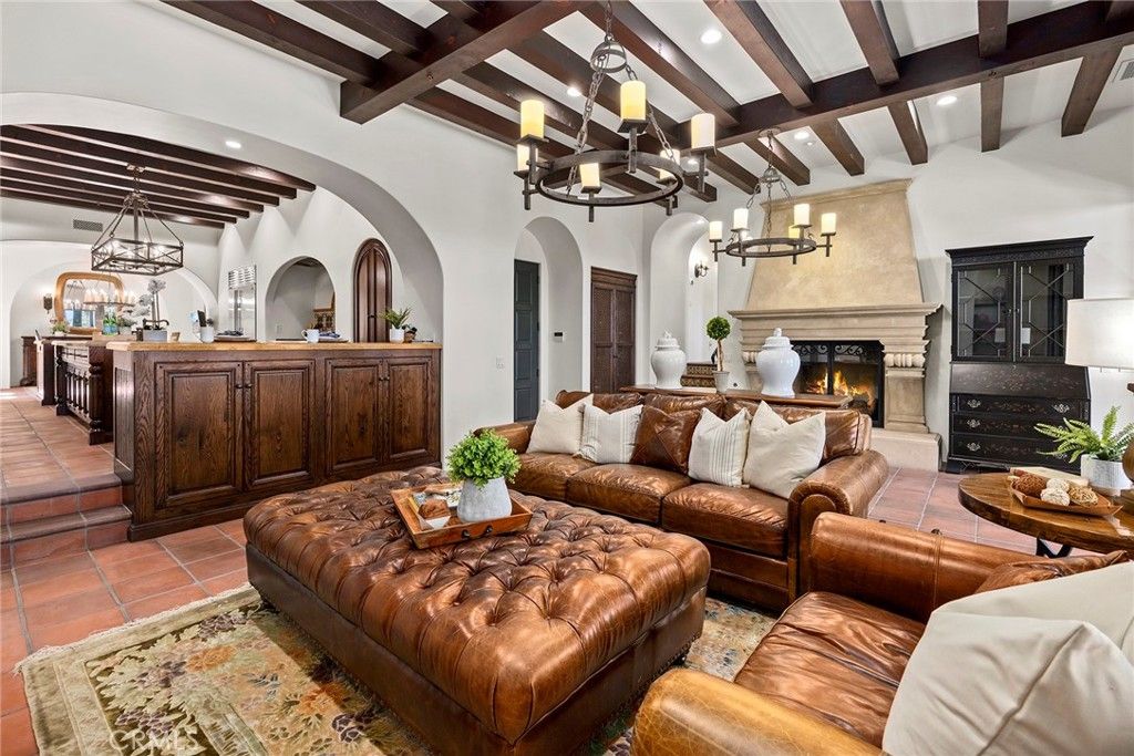Chandelier, Fireplace, Interior, Living room, Recessed Lighting, Wooden Beams