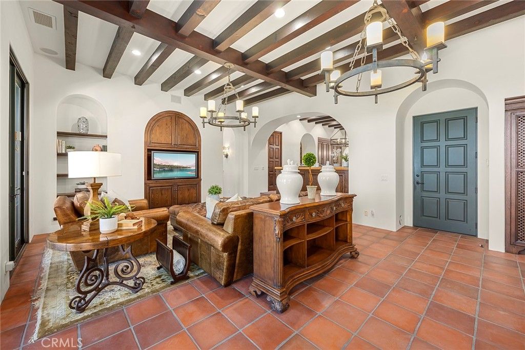 Chandelier, Interior, Living room, Recessed Lighting, Wooden Beams