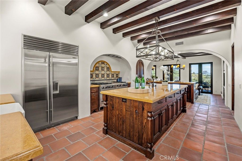 Chandelier, Interior, Kitchen, Pendant Lights, Recessed Lighting, Stainless Steel Appliances, Wooden Beams