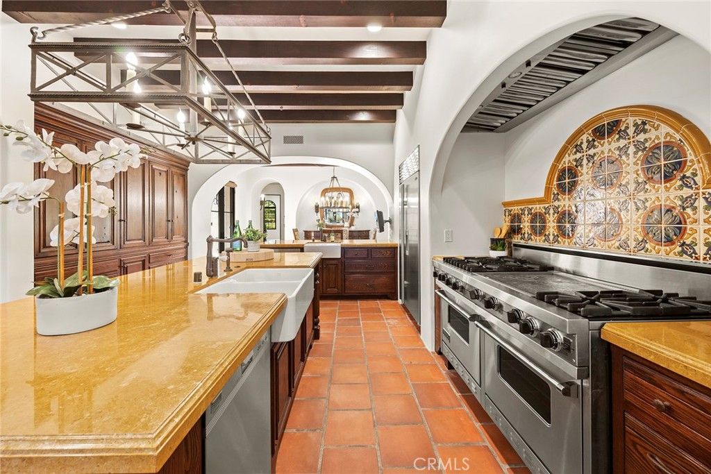 Chandelier, Interior, Kitchen, Pendant Lights, Stainless Steel Appliances, Wooden Beams