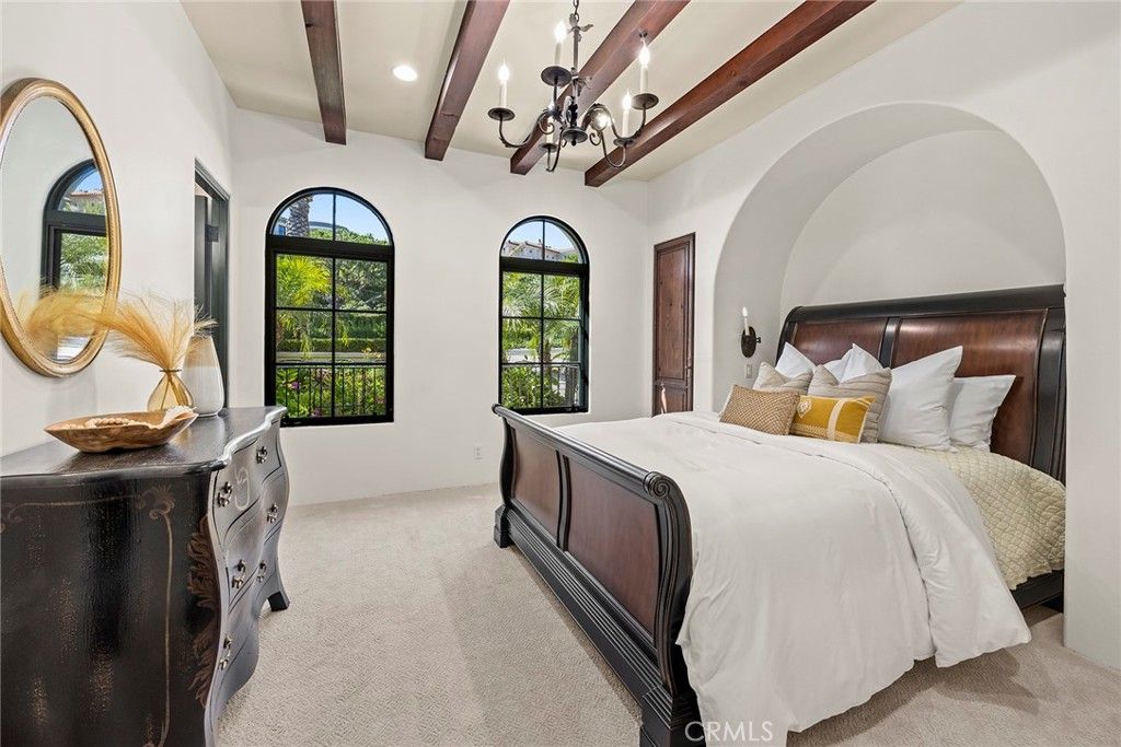 Bedroom, Chandelier, Interior, Recessed Lighting, Wooden Beams