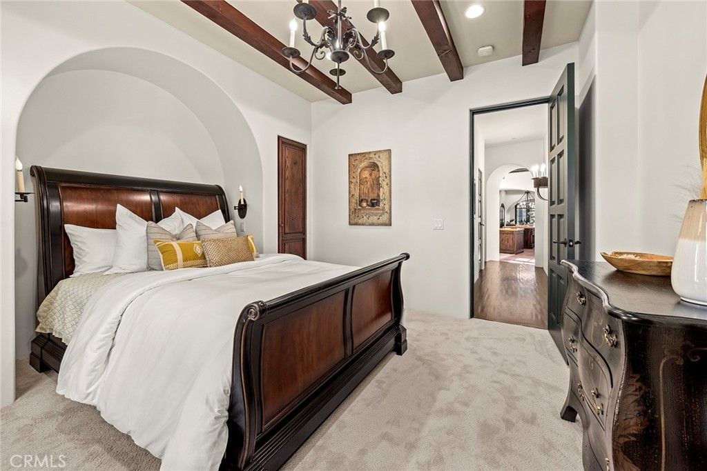 Bedroom, Chandelier, Interior, Recessed Lighting, Wooden Beams