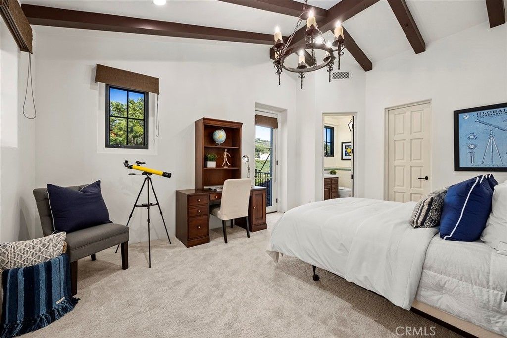 Bedroom, Chandelier, Home Office, Interior, Recessed Lighting, Wooden Beams