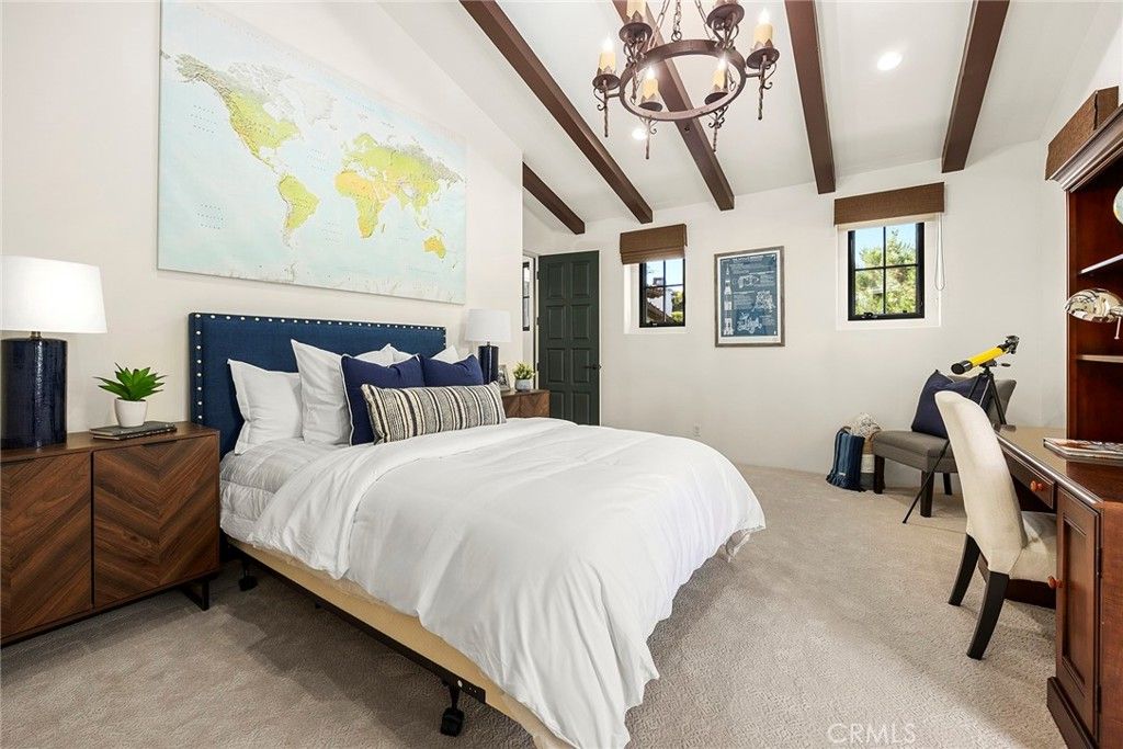 Bedroom, Chandelier, Interior, Recessed Lighting, Wooden Beams