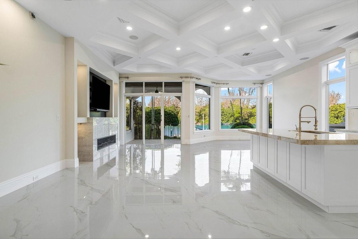 Empty room, Fireplace, Interior, Kitchen, Marble, Recessed Lighting