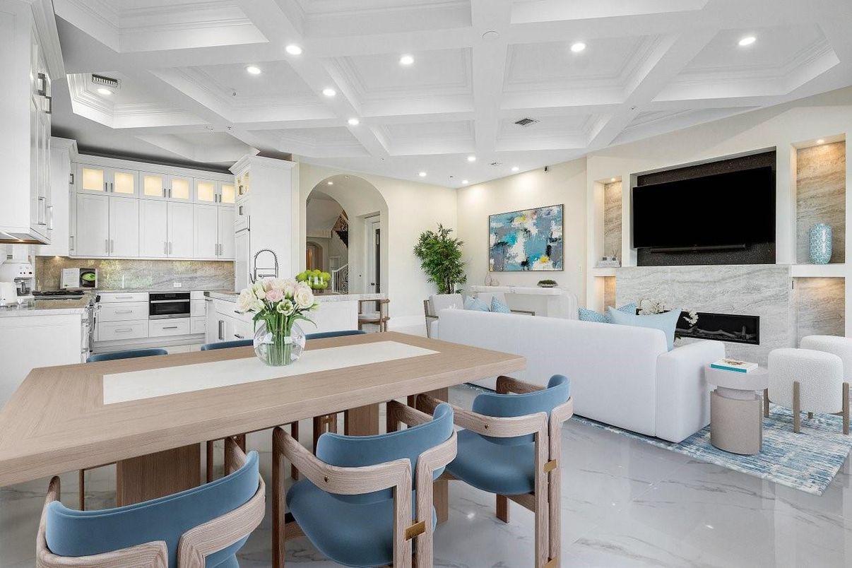 Fireplace, Interior, Kitchen, Living room, Marble, Recessed Lighting