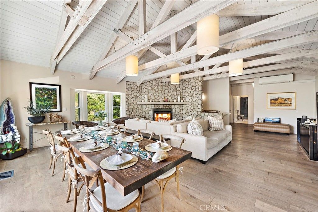 Dining room, Fireplace, Interior, Living room, Stone Walls, Wood Texture Flooring