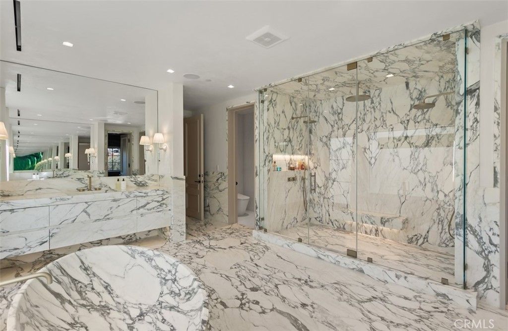 Bathroom, Glass Shower, Interior, Marble, Marble Walls, Recessed Lighting
