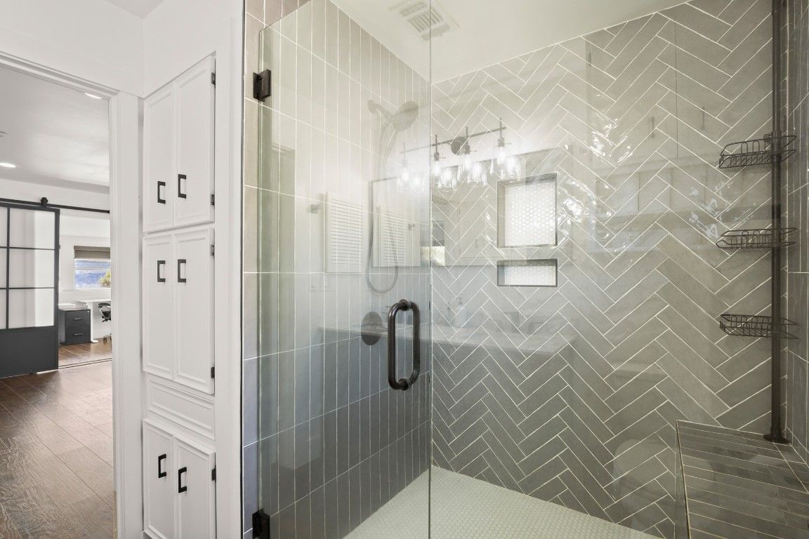 Bathroom, Glass Shower, Interior, Wood Texture Flooring