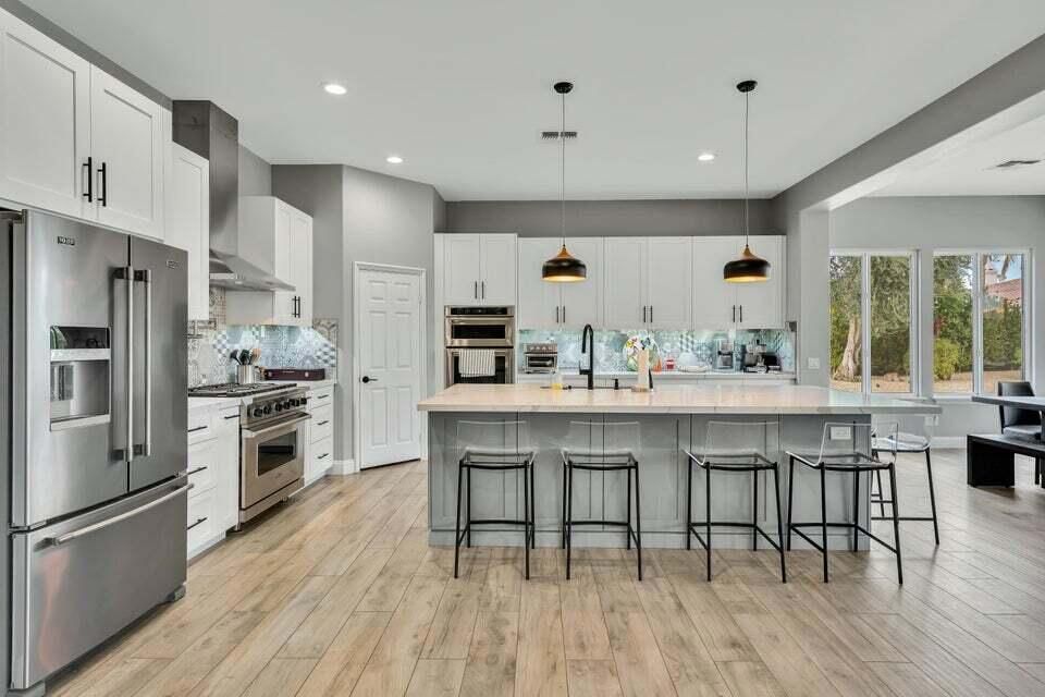 Interior, Kitchen, Pendant Lights, Recessed Lighting, Stainless Steel Appliances, Wood Texture Flooring