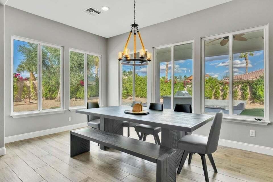 Chandelier, Dining room, Interior, Recessed Lighting, Wood Texture Flooring